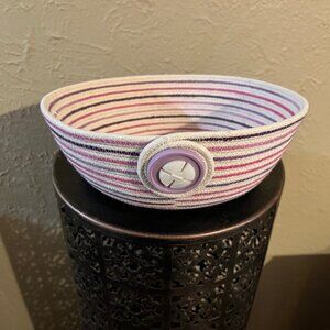 Handmade Ivory Rope Bowl Basket with Purple Pink Stripes 4 Jewelry Makeup Remote